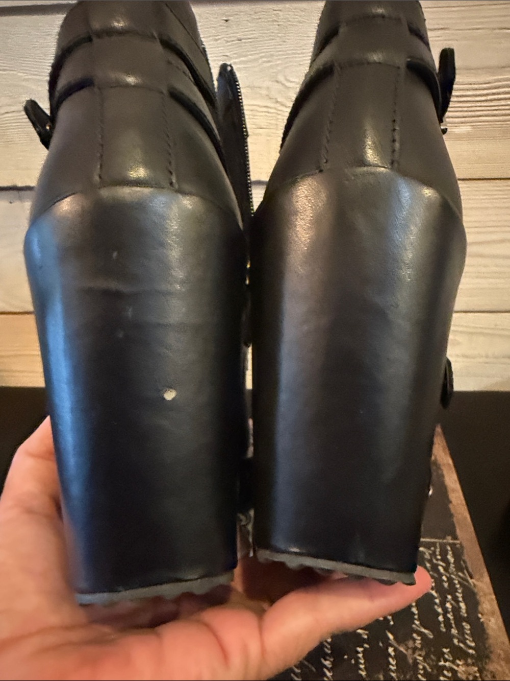 Harley-Davidson Black Leather Wedge Booties with Studded Platform and Buckles - Picture 3 of 8